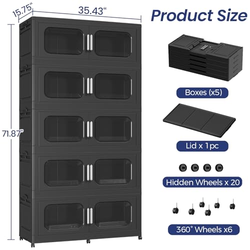 250Gal Extra Large Stackable Storage Bins with Lid & Wheels & Doors, 200QT/50GAL 5-Tiers Collapsible Closet Organizers Plastic Containers Boxes Drawers for Home Kitchen Bedroom, Black - color: Black, size: 50Gal-5Pack
