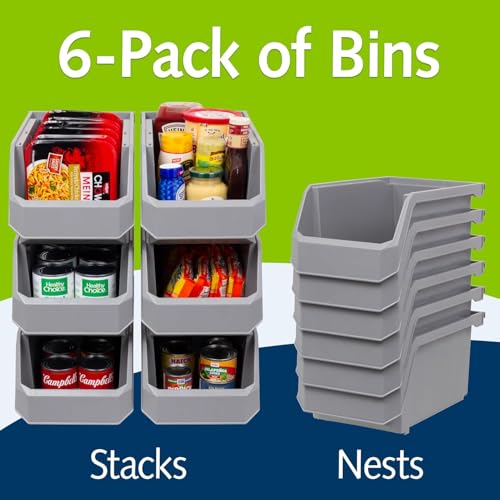 ReadySpace Large Stackable Plastic Storage Bins, 6-Pack, Grey | Open-Front Stackable Bins For Garage, Pantry, Closet & Office, 14,8"L X 8"W X 7"H, Nests When Empty, Durable Plastic, - color: Grey, size: Large, 6-Pack