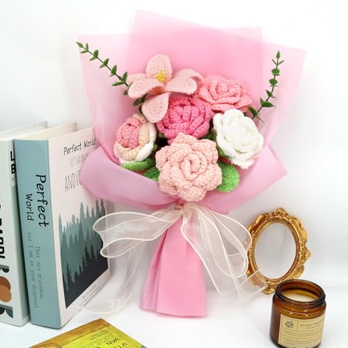 Marvogo Handmade Crochet Flower Bouquet,Crochet Flowers for Loved Ones | Crochet Flower,Crochet Rose, Bell Orchid, Tulip, Finished Artificial Flower Ideal for Lovers, Family and Friends pink - color: Pink