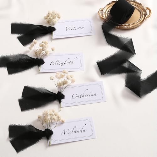 DORIS HOME Handmade Frayed Fringe Chiffon Ribbon 1" x 21Yd Black | Fabric Ribbon, For Flower Bouquet/Gift Wrapping/Wedding Invitations/Halloween Decorations/Party Decor - color: Black