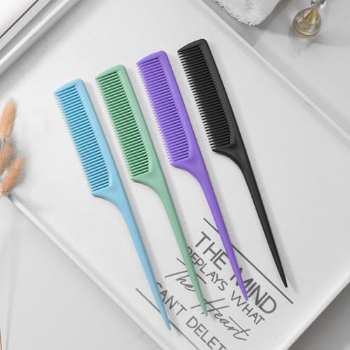 4 Pcs Rat Tail Comb Set for Women -Fine Tooth Styling comb with Pick, Anti-Static Heat Resistant Teasing Comb,Professional Hair Parting Tools for Smooth Detangling, Updos & Salon-Perfect Hairstyles. - color: Blue-Green-Purple-Black