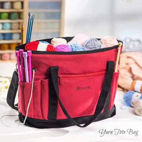 Canvas Yarn Storage Organizer Bag Washable Crochet Bag with Pockets for Yarn, Hooks, Needles – Travel Knitting Tote for Crafters – Gift for Crocheters & Knitters (Medium/Large) - color: Red, size: Large-15”