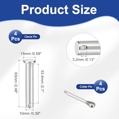 uxcell 4Pcs M10x60mm Clevis Pins, 304 Stainless Steel Single Hole Flat Head Hitch Fastener Lock Systems with Cotter Pins for Furniture Installation Trailer Lawn Mower, Silver - size: M10x60mm