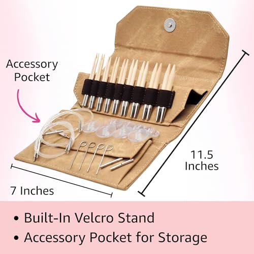 Lykke Naturale 3.5-inch Interchangeable Circular Knitting Needle Set | Standard US 3, 4, 5, 6, 7, 8, 9, 10, 10.5 Tan Case, Birch Semi-Sharp Tips, Smooth Metal Joins, Swivel Cables, Project Bag - color: Naturale-with-Tan-Case