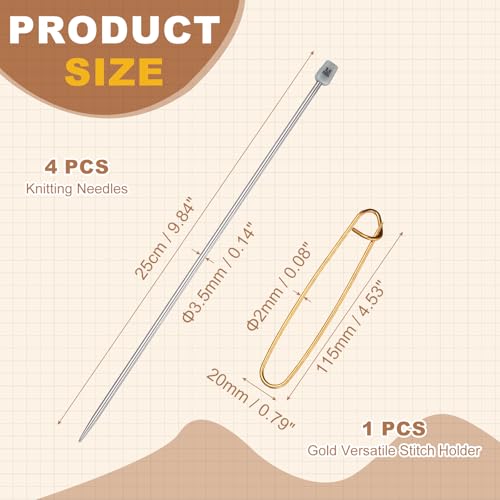 MECCANIXITY 4Pcs E(3.5mm) Single Pointed Knitting Needles Set, 9.8" Length Stainless Steel Crochet Needle with Versatile Stitch Holder for Beginner, Crocheter DIY Making, Silver - size: E(3.5mm) 9.8" Length