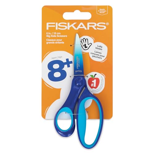 Fiskars 6" Left-Handed Big Kids Scissors, Ages 8-11, Ombre Blue-Turquoise | Scissors with Safety Edge Blades for School or Crafting, Ergonomic Handles Designed for Growing Kids, Back to School Supplies - size: Single Pack