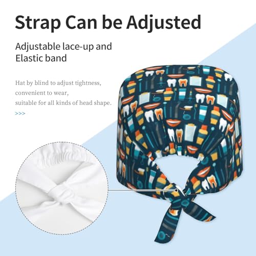 MOLIAN Dental Tooth Adjustable Working Cap Surgical Headgear for Women Men | Adjustable Tie Back Scrub Caps with Button Built-in Sweatband Working Cap for Nurses Doctors and Workers - color: Dental Equipment Teeth