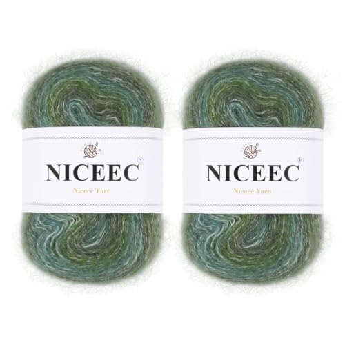 NICEEC 2 Skeins Fancy Mohair Blend Yarn 3.53oz/438yds - Greenery | Crochet & Knit, DIY Project Starter Kit，Handbag，Sun Hat，Shoes， Shopper Bag - color: Greenery
