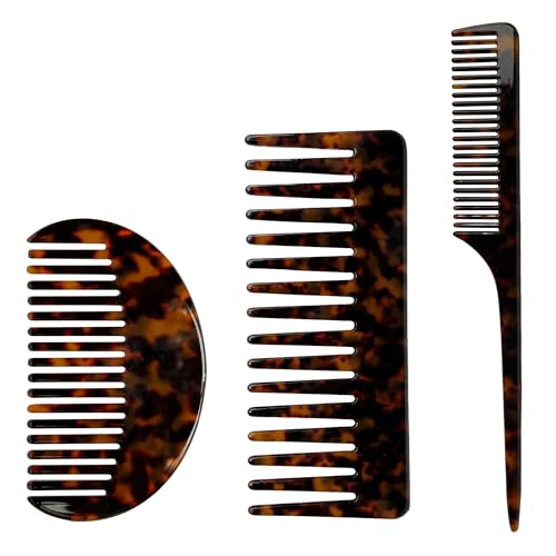 3PCS Wide Tooth Combs & Rat Tail Combs for Women - Acetate Detangling Combs for Bangs, Long, Curly,Thick,Thin,Wet and Dry Hair-Tortoise Shell Fine Tooth Hair Parting Comb for Braiding & Styling(Brown) - color: Brown