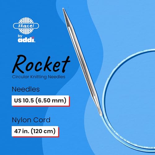 skacel by addi Circular Knitting Needles, 47 Inch (120 cm) Rocket Round Brass Knitting Needle Pair with Nylon Cord, 6.5 mm (US Size 10.5) - size: 6.50 mm