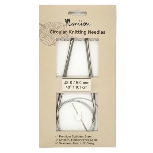 YLaziion Circular Knitting Needles Size 8 (5.0mm) 40 Inch Long Steel, 101CM | US 8 Metal Knit Tools with Flexible Cord for Large Blanket Afghan Chunky Yarn, 101cm - size: US 8 - 40" / 101CM (5.0mm)