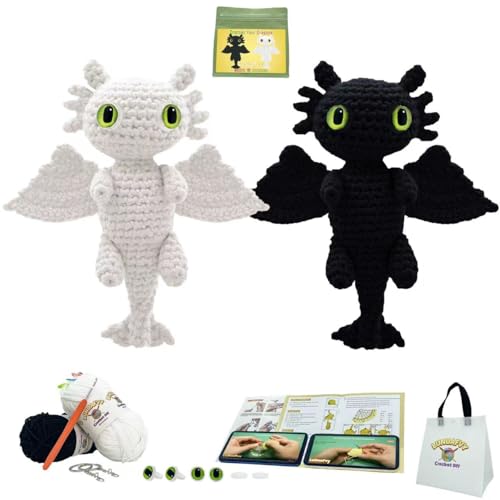 LuNuaFvy Crochet Kit for Beginner Adult/Teen/Kid 9+ - Learn to Crochet Animal Amigurumi Dragon Set with Left/Right-Handed 4hr Video, 3-Format Guides, Gift-Ready Packaging, Soft Yarn & Storage Bag - color: Dragon-Black-white