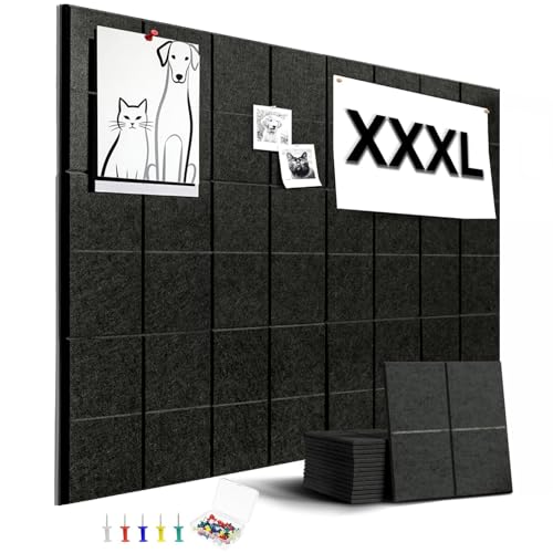 24 Pack Large Felt Bulletin Board for Walls, 48" x 72" Mega Coverage (24 SQ FT), 12"x12" Square Pin Board Tiles with 60 Push Pins & 140 Strong Adhesive Tabs, Black - color: Black