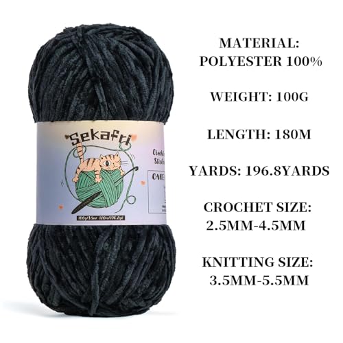 Fuzzy Chenille Yarn for Crocheting, Fluffy Amigurumi Crochet Yarn for DIY Craft/Hat/Shoes, (100g/197yds) Soft Velvet Baby Blanket Yarns（Black） - color: Black
