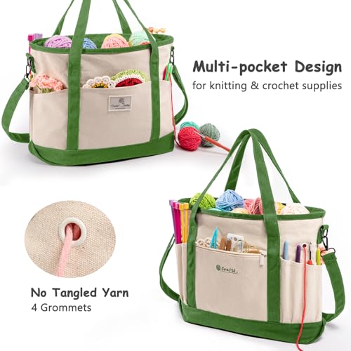 Canvas Yarn Storage Organizer Bag Washable Crochet Bag with Pockets for Yarn, Hooks, Needles – Travel Knitting Tote for Crafters – Gift for Crocheters & Knitters (Medium/Large) - color: Lime, size: Large-15”