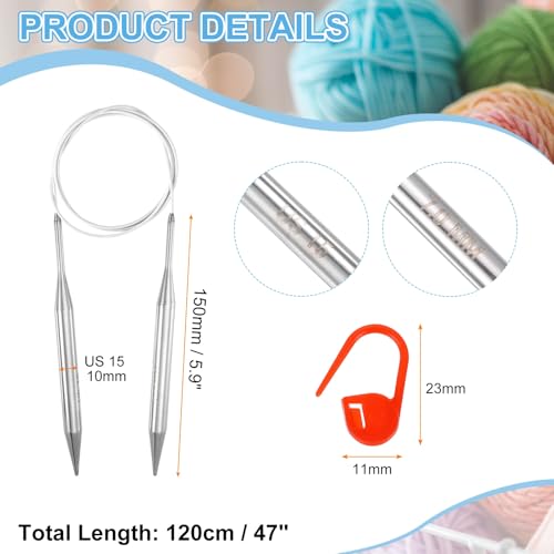HARFINGTON Knitting Needles Size US 15 10mm Circular Needle 47 Inch 120cm | Round Metal, Stainless Steel, for Handmade Projects DIY Knitting