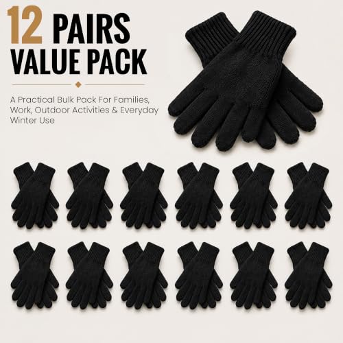 Yacht & Smith Wholesale Beanie and Glove Winter Bulk Kit, Kids Adults Bulk Sets, Homeless Donation Shelters - color: 12 Pairs Adult Black Gloves