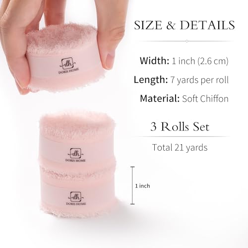 DORIS HOME Handmade Frayed Fringe Chiffon Ribbon 1" x 21Yd Pink | Fabric Ribbon, For Flower Bouquet/Gift Wrapping/Wedding Invitations/Party Decorations - color: Pink