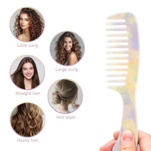 Large Wide Tooth Hair Comb Tortoise Shell Comb for Thick Curly Hair | Cellulose Acetate Hair Detangling Comb Round Tooth for Women Men or Kids, Anti-Static Wet or Dry, Yellow - color: Rainbow