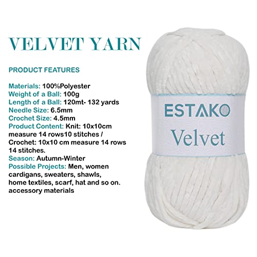 Estako Velvet Yarn for Crocheting, Chenille, 3 Pack, Cream | super bulky, ultra soft, plush, cozy, thick, fluffy, polyester, 300 g, 396 yds, amigurumi - color: 1150 - Cream, size: Pack of Three