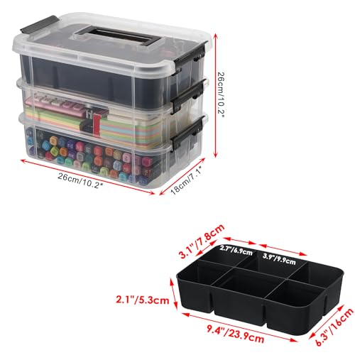 JUXYES 3-Tiers Plastic Stack Carry Storage Containers Box wih Handle Lids | 2 Pack Clear Stackable Craft Organizers and Storage Bin with Tray for Organizing Stationery, Sewing, Art Craft, DIY Supplies - color: Black