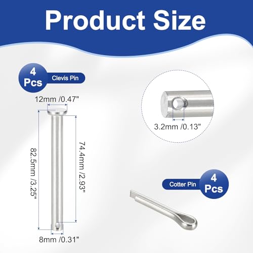 uxcell 4Pcs M8x80mm Clevis Pins, 304 Stainless Steel Single Hole Flat Head Hitch Fastener Lock Systems with Cotter Pins for Furniture Installation Trailer Lawn Mower, Silver - size: M8x80mm