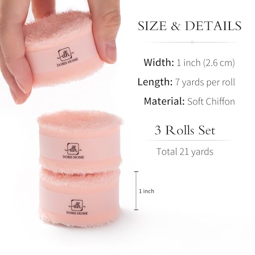 DORIS HOME Handmade Frayed Fringe Chiffon Ribbon 1" x 21Yd Blush Pink | Fabric Ribbon, For Flower Bouquet/Gift Wrapping/Wedding Invitations/Party Decorations - color: Blush Pink