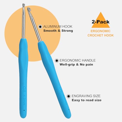 2Pcs 4.0mm Crochet Hooks, Ergonomic Crochet Hook for Arthritis | Knitting Needles for Beginners,Extra Long, Smooth, Comfortable for Knitting Sweaters,Scarves and Hats(Size G / 4.0mm) - size: 4.0mm