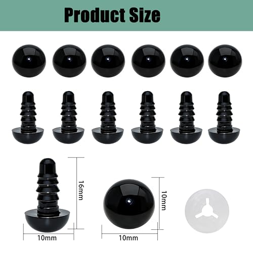 ARTCXC 50pcs 10mm Solid Black Safety Eyes for DIY Crochet Amigurumi | Plastic Craft Eyes with Washers for Crocheting of Puppet Bear Stuffed Animals Dolls DIY Projects.50pcs Eyes + 50pcs Washers - size: 10mm