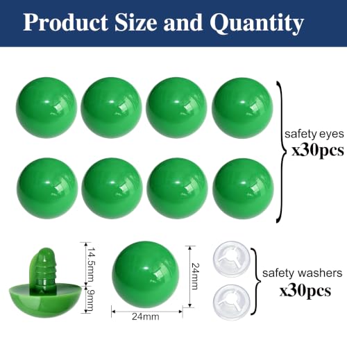 Thalinfayi 24mm Large Safety Eyes Craft Eyes for Amigurumi Crocheting | 60pcs Plastic Safety Eyes and Washers for DIY Crafts Amigurumi Stuffed Animals Handmade Projects. Tool-Free Installation - color: Green
