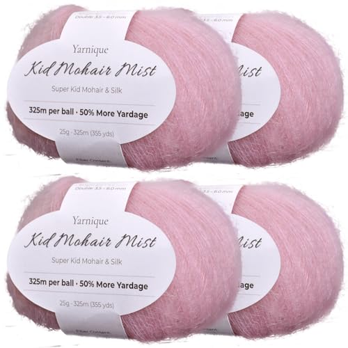 Kid-Silk Mohair Yarn, Lace Weight, 4 Balls 100g, 1420 yds | Yarnique 325m Per Ball | More Yardage | Sweaters & Tops | Stable Stitches (03 Petal Pink) - color: 03 Petal Pink