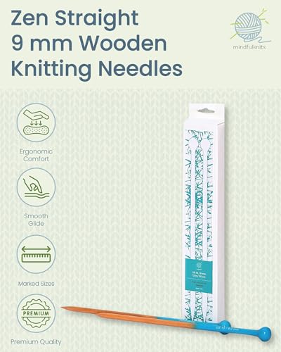 mindfulknits Premium Straight Single Pointed Beech Wood Knitting Needles – Size US 13, 9mm – 35cm Length – Knitting Supplies for Relaxation & Stress Relief (US 13, 9mm) - size: US13, 9mm