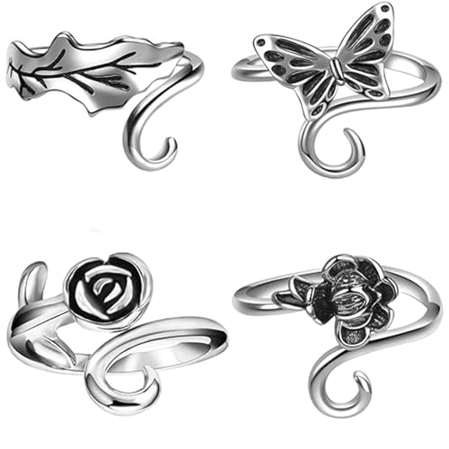 KYLELOVE 4 Pcs Adjustable Aluminium Crochet Yarn Tension Ring for Crocheting, Modern Knitting Ring for Finger Tensioner Loop, Cat Peacock Rose and Butterfly Design - color: 4 Pcs Rose and Butterfly