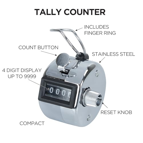 COSCO Metal Handheld Tally Counter, 4-Digit Number Count, Pitch Counter for Coaching, School, Office, Silver (065118)