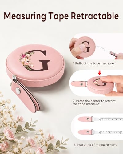 Maicican Retractable Tape Measure, Pink Leather Sewing Measuring Tape, G | with Initial A-Z, 60"/1.5m Soft Sewing Measuring Tape for Body Measurements, Portable Small Fabric Ruler - color: Tape Measure-Pink G