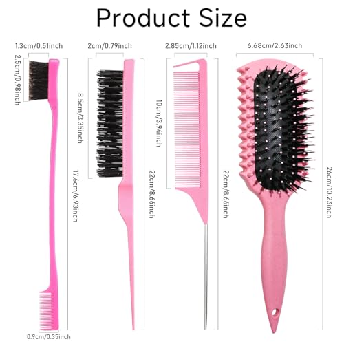 Curl Defining Brush, Curly Hair Brush Products With 3 Pcs Slick Back Hair Brush Set Bristle Brush Edge Control Teasing Comb for women (Pink) - color: pink