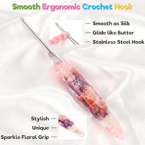 Katech 2.5mm Crochet Hook for Arthritic Hands,Hand-Polished Stainless Steel | Ergonomic Crochet Hooks with Customized Sparkle Dried Floral Grip, Smooth Tapered Hook-Crochet Gift for Beginner & Crocheter - size: 2.5mm
