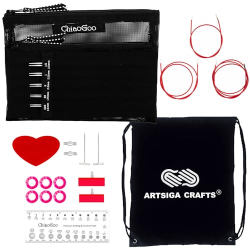 ChiaoGoo Twist Red Lace 4-inch Mini 7400-M Interchangeable Set | US 000, 00, 0, 1, 1.5, Circular Knitting Needles, Stainless Steel, 3 Mini Cables, Project Bag