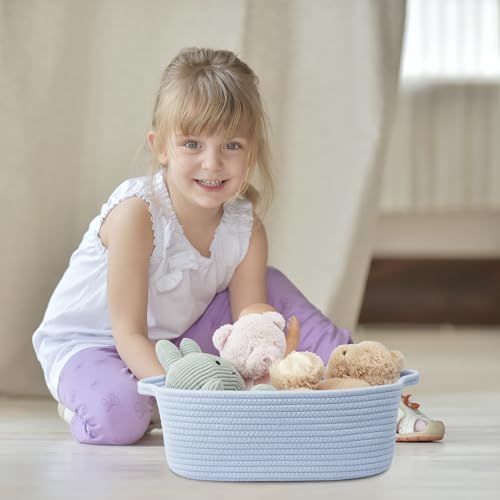 XUANGUO Medium Woven Cotton Rope Storage Basket with Handles, Blue | Small decorative rectangle storage bin for baby nursery items and cat toys; ideal as an empty gift basket or dog toy basket - color: blue