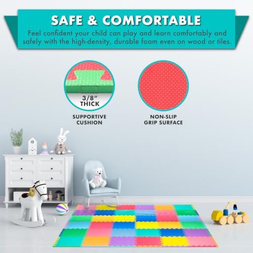 ProSource Baby Play Mat, Soft Foam Floor Tiles for Kids, Interlocking EVA Panels for Playpen Use, Crawling Development Surface, Safe Non-Toxic Toddler Flooring, 72 Tiles, Multicolor - size: 72 Tiles