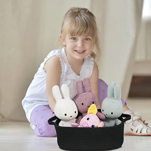 XUANGUO Medium Woven Cotton Rope Storage Basket with Handles, Black | Small decorative rectangle storage bin for baby nursery items and cat toys; ideal as an empty gift basket or dog toy basket - color: black