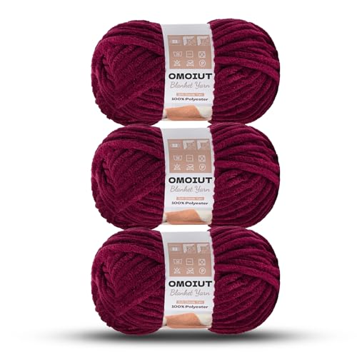 3 Pack of Burgundy Chunky Chenille Yarn for Crocheting, Soft Baby Blanket Yarn, Chunky Knit Blanket Crochet Yarn, #7 Super Bulky, 10.6oz/164 yds Fluffy Velvet Amigurumi Yarn - color: 3 Burgundy