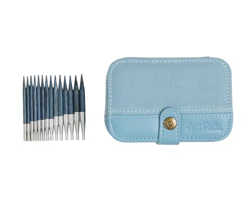 Knit Picks x DellaQ Short Interchangeable Knitting Needles Set with Case | 7 sizes of blue 2.75 inch long knitting needles, US 4-10, includes Dusty Blue Canvas and Faux Leather Buddy case - color: Dusty Blue and Short Blue Needles