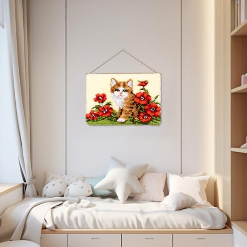 MIAOLLUN Latch Hook Kit Rug, Latch Hook Kits Cat with Pre-Printed Pattern for Adults and Kids 52X38cm/20.4 Inch X15 Inch - color: Flower Cat