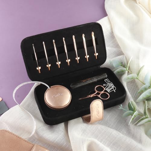 KnitPro Oasis Starter Crochet Hook Set - 1 Wooden Handle, 7 Hooks in Sizes 2mm to 5mm, 1 Rose Gold Scissors, 1 Tape Measure, 10 Metal Locking Stitch Markers, 1 Gripper - size: Starter