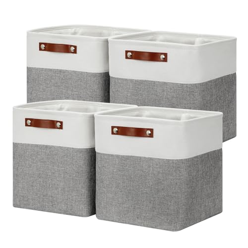 DULLEMELO [Set of 4 Storage Cubes Baskets for Organizing, 12 x 12 x 12 inch Cube Storage Organizer Bins with Leather Handles, Foldable Fabric Cloth Bins for Cube Storage(4 Pack - 12" White&Grey) - color: White&Grey, size: M-12"x 12"x12"