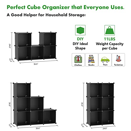 C&AHOME 6-Cube Storage Organizer Cube Shelf Closet Storage Bookcase, Black | Stackable Cubby Storage, Bookshelf, Portable Plastic Storage Closet Organizer, DIY Modular Shelving Units for Home, Wardrobe - color: Black