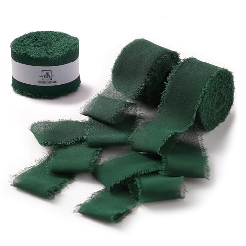 DORIS HOME Handmade Frayed Fringe Chiffon Ribbon 1" x 21Yd Dark Green | Fabric Ribbon, For Flower Bouquet/Gift Wrapping/Wedding Invitations/Christmas Decorations/Party Decor - color: Dark Green