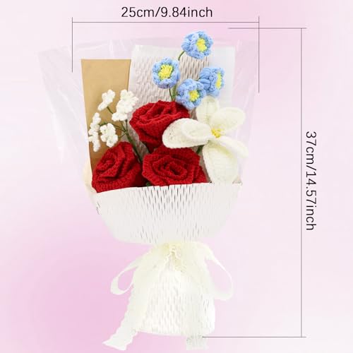 Marvogo Handmade Crochet Flower Bouquet,Crochet Flowers for Loved Ones | Crochet Flower,Crochet Rose, Bell Orchid, Tulip, Finished Artificial Flower Ideal for Lovers, Family and Friends red - color: Red