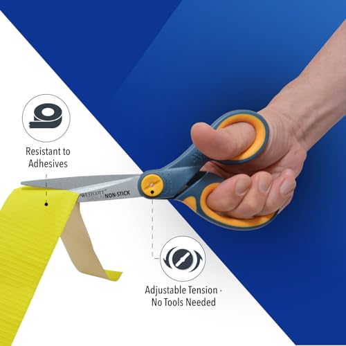 Westcott 8-Inch Non-Stick Titanium Scissors For Office and Home - Glide Adjust Technology - Grey/Yellow Craft, Fabric Scissors - 2 Pack - size: 8-inch (2-Pack)